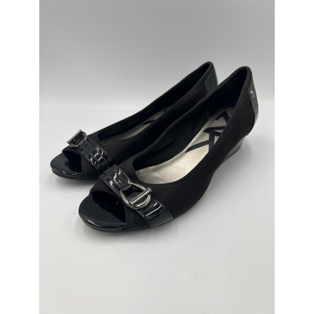 Anne Klein AK Sport Black Peep Toe Wedge Heels Shoes Womens Size 8M